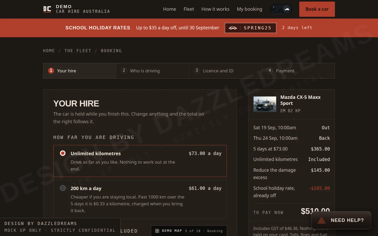 Car hire booking step choosing the hire and kilometres