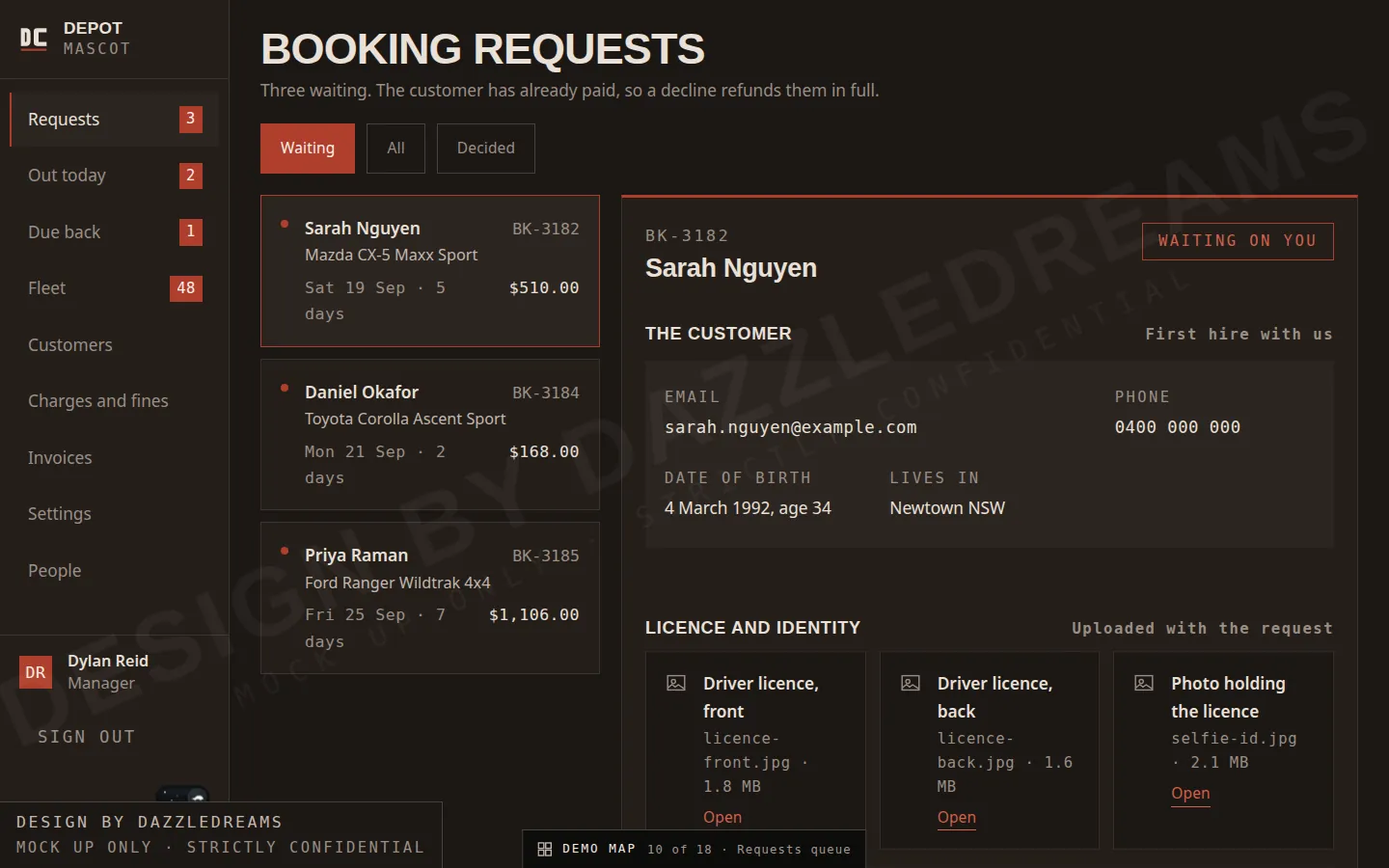 Car hire office screen showing booking requests