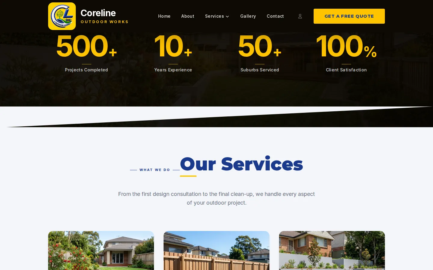 Coreline services section with project photos