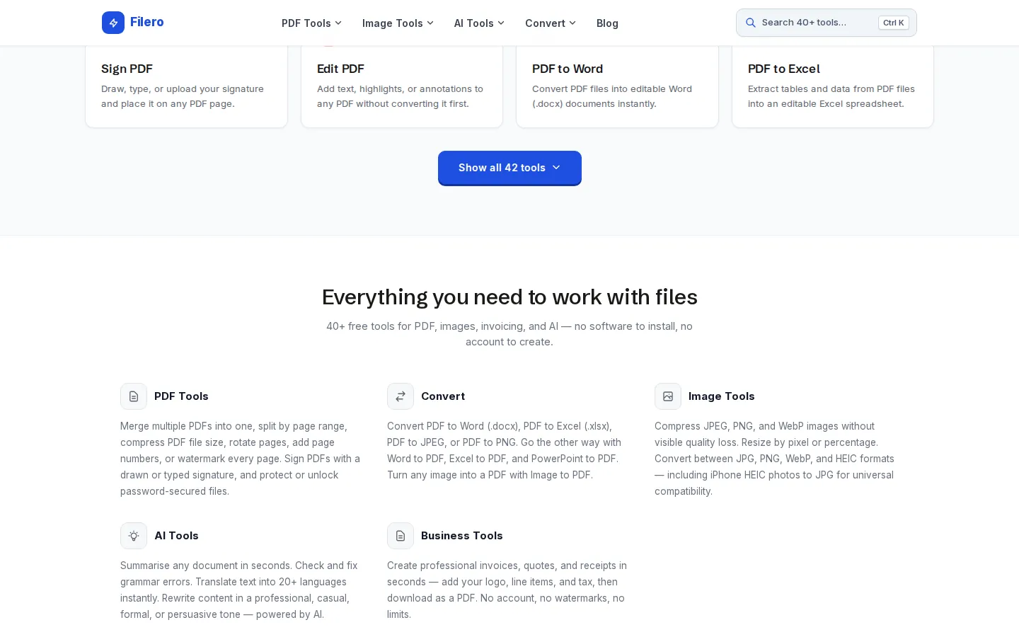 Filero tool categories: PDF, image, convert and business tools