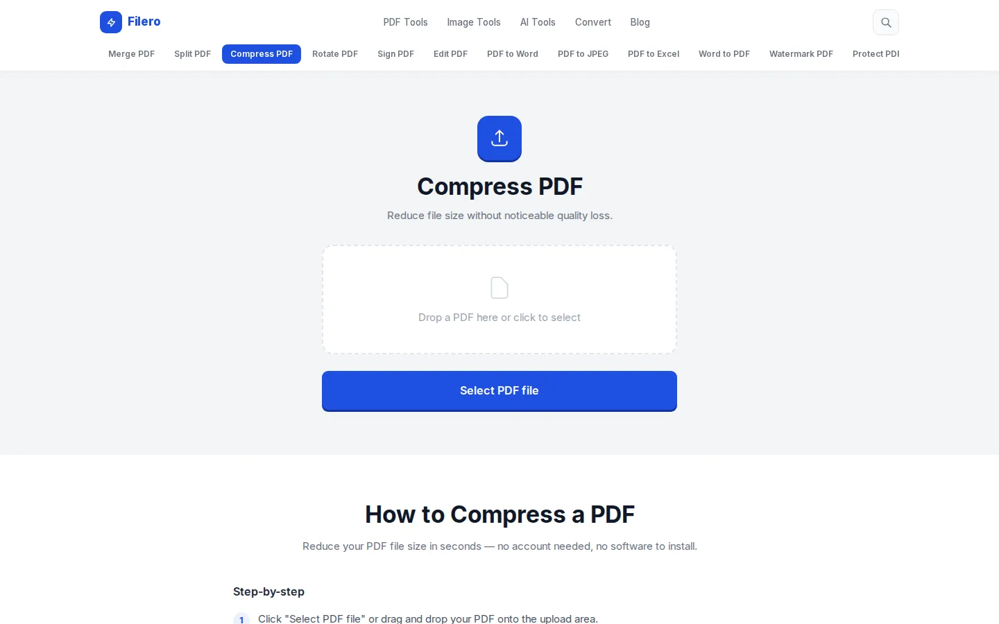 Filero Compress PDF tool page with upload box and guide