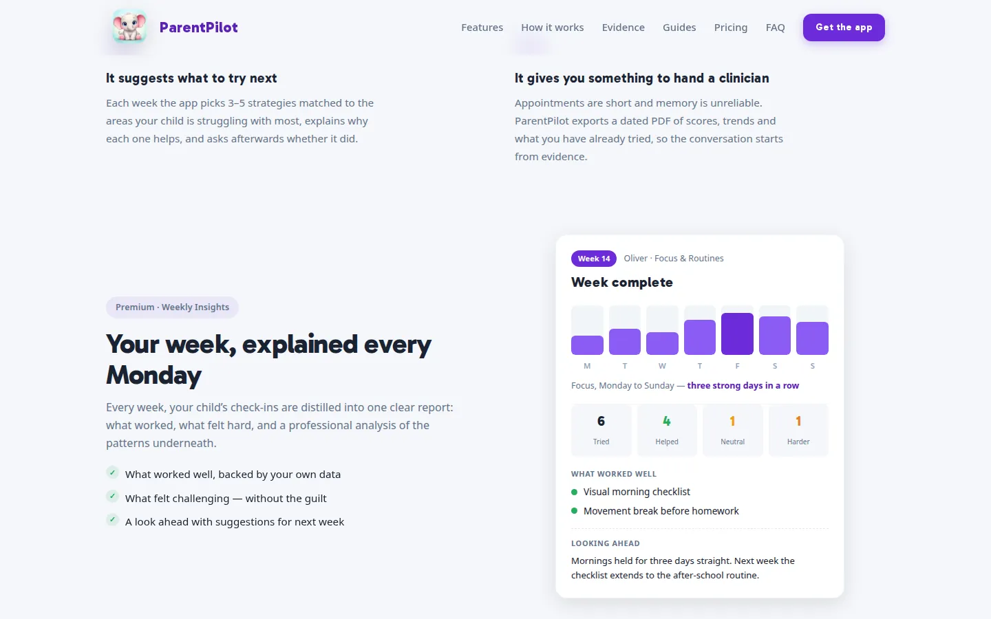 ParentPilot weekly report screen explained on the website