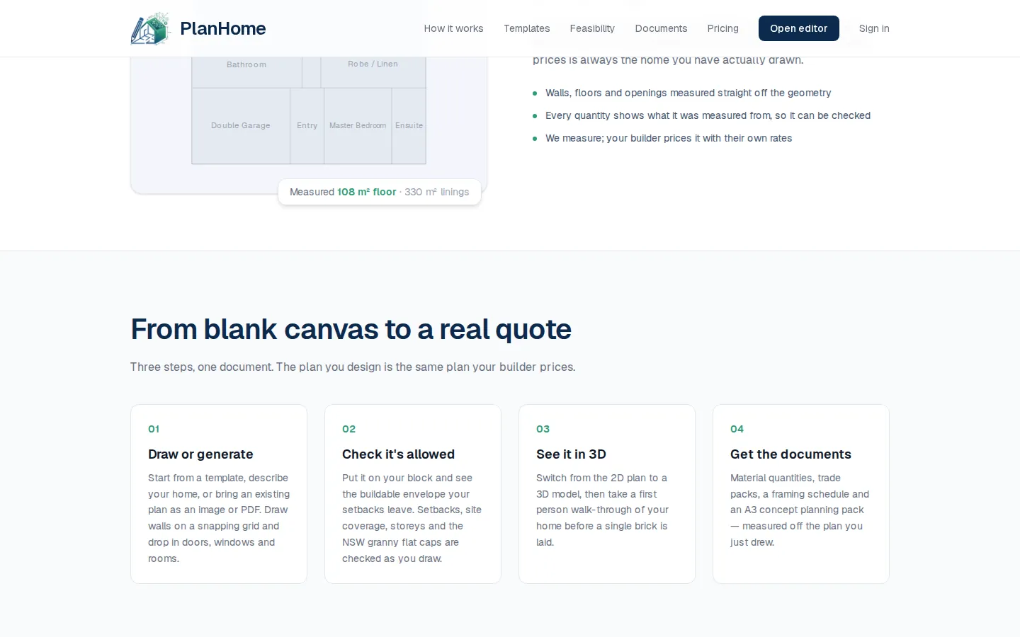PlanHome steps: draw, check, see it in 3D, get the documents
